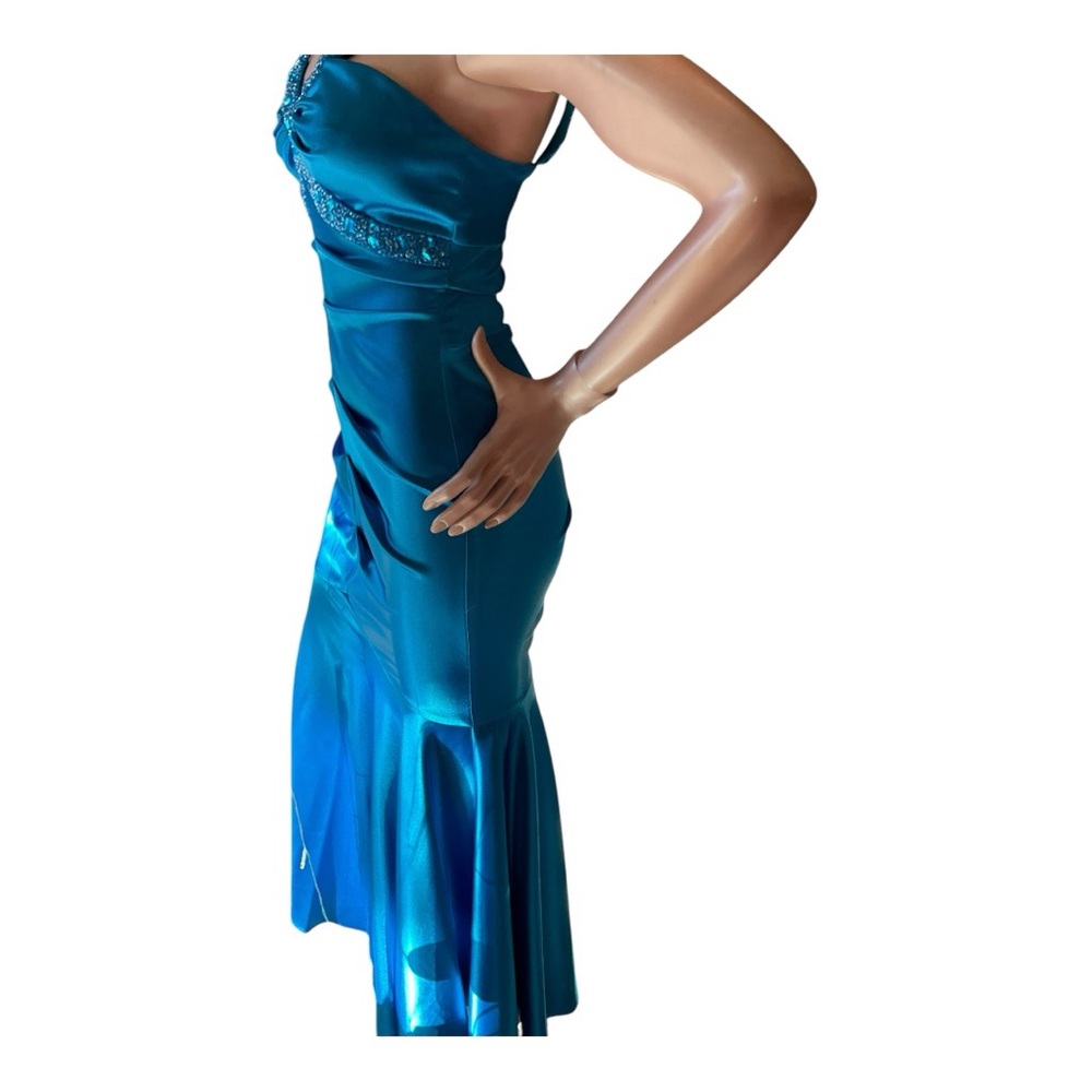 CACHE gown dress fits XS-mermaid blue sexy beaded ruched fitted vintage EUC